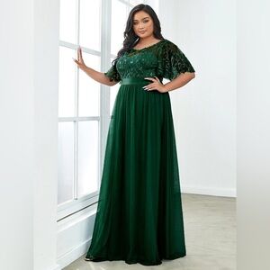 Ever Pretty Dark Green A- Line Dress with sequins and embroidery pattern